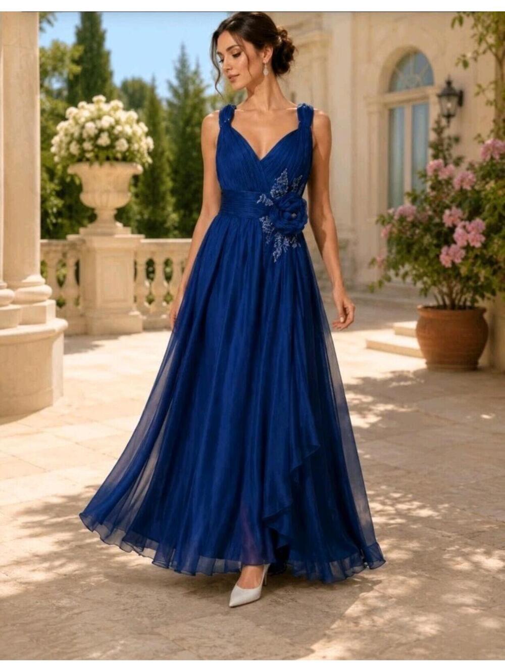 Montage By Mon Cheri Dress 16 Blue Formal Gown Flower Jeweled Applique #AA
